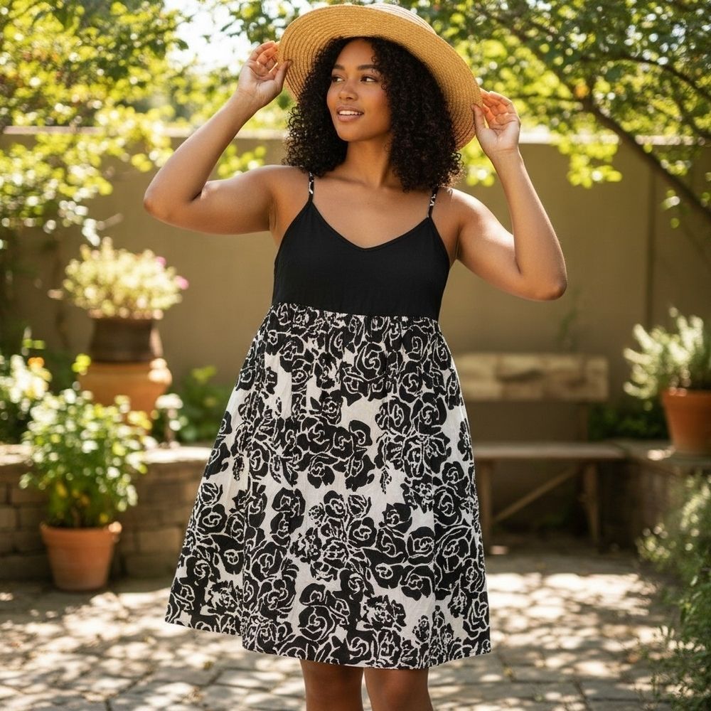 JohnPaulRichard XL Black White Rose Floral Fit Flare Dress Empire Waist Cotton